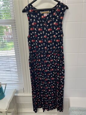 Navy Floral Sleeveless Midi Dress with Red & White Blooms - Vintage